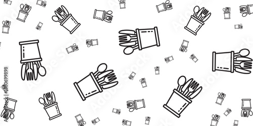 Whimsical Pattern of Kitchen Utensils in Containers Against a White Background