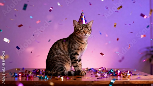 Cat wearing party hat with confetti