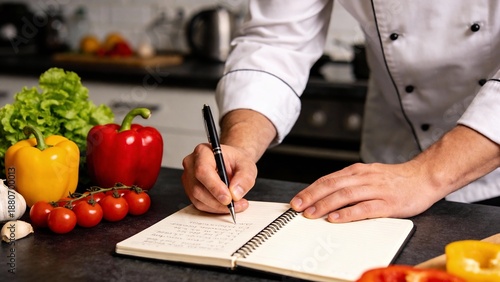 Chef writing in kitchen with fresh vegetables