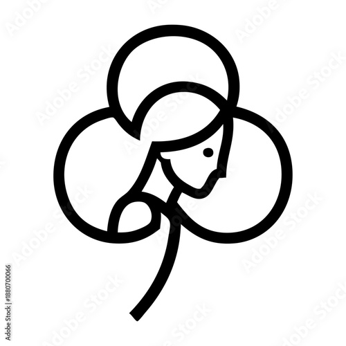 Día de San Patricio. Dibujo de trazo único de cara de mujer de perfil en trébol de 3 hojas