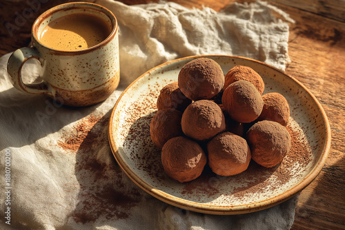 아메리카노 머그잔과 함께 러스틱한 접시 위에 쌓아 올린 수제 두쫀쿠, 포근한 겨울 디저트 컨셉