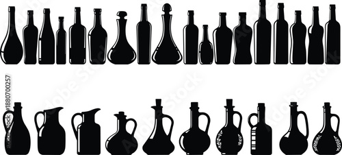 Collection of wine and liquor bottle silhouettes, glass decanters and carafes isolated on white background, vintage beverage packaging shapes, bar decor vector illustration