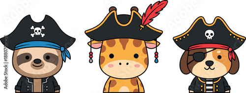 Cute pirate animal faces illustration set with sloth giraffe and dog characters, adorable cartoon captains collection for kids designs and playful nautical flat vector artwork