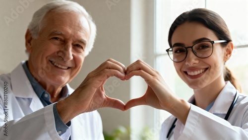 Two doctors forming a heart shape with hands