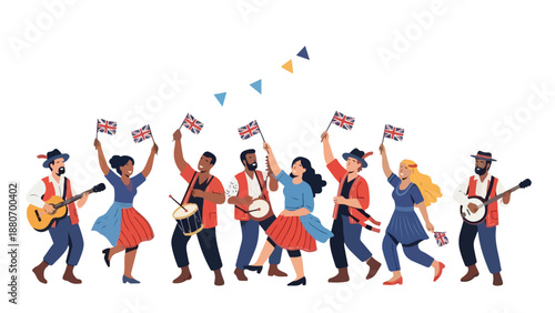 Diverse group of people dancing and waving flags while playing musical instruments in a celebratory scene with a flat, colorful illustration style on a white background.