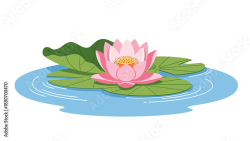 Pink lotus flower on lily pads in blue water