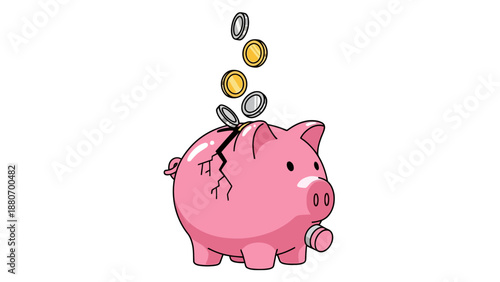 Pink piggy bank with coins dropping into a crack