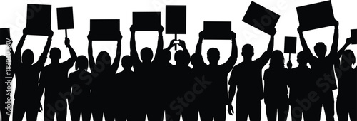 Crowd protest silhouettes holding placards and banners, people demonstrating together for rights and freedom isolated on white background, activism, social movement and public protest concept