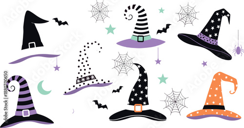 Halloween witch hats illustration set with stars bats spider webs and spooky accents, playful magical headwear collection for party decorations and seasonal flat vector designs