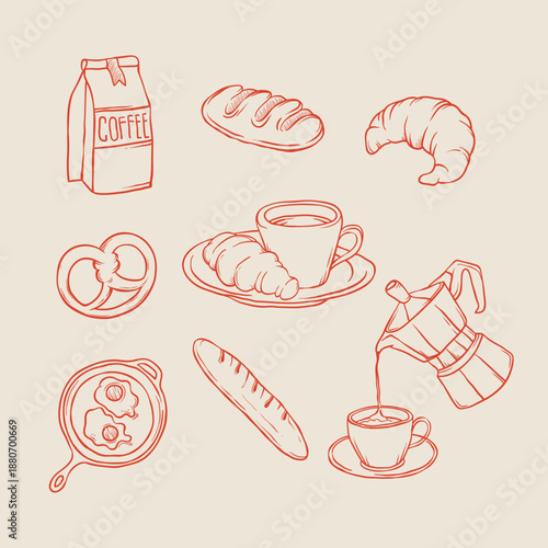 Hand drawn cafe breakfast icons with coffee cup, croissant, bread, pretzel, moka pot sketch