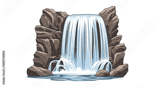 Pixel art waterfall cascading over rocks into a pool