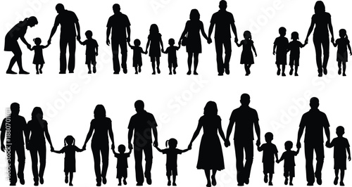 Family silhouettes walking together holding hands, diverse parents and children figures isolated on white background, community unity, parenting concept, generations, protection, love