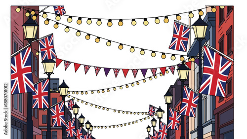 Illustration of a British street decorated with Union Jack flags, bunting, and string lights between buildings and street lamps, conveying a festive and patriotic atmosphere.
