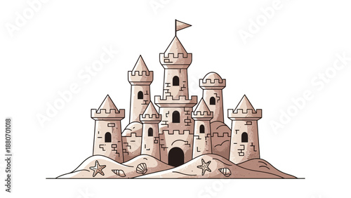 Pixelated sandcastle with towers turrets and seashells on a white background