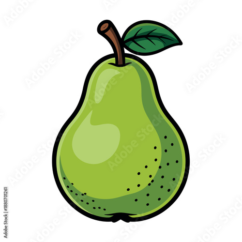 A single, ripe green pear with a stem and leaf is depicted against a clean white background.