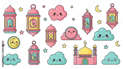 Cute Ramadan Kareem elements: lanterns, mosque, clouds, moon, stars, kawaii style