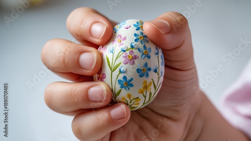 Wallpaper Mural Small child's hand carefully holding a beautifully painted and decorated easter egg, symbolizing spring traditions and family celebrations Torontodigital.ca