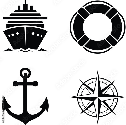 Four black and white nautical symbols including ship anchor compass and life preserver