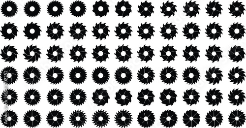 Large collection of circular saw blade silhouettes set, industrial cutting tools and woodworking equipment icons isolated on white background, construction