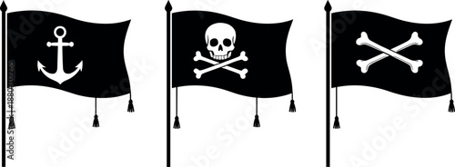 Pirate black flags illustration set with skull crossbones anchor symbols, classic nautical banner collection for maritime themes, adventure designs, and bold flat vector artwork