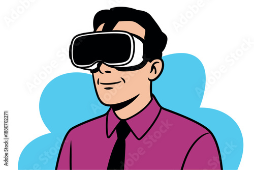 Businessman Wearing Virtual Reality Goggles in Magenta Shirt and Black Tie with Blue Background