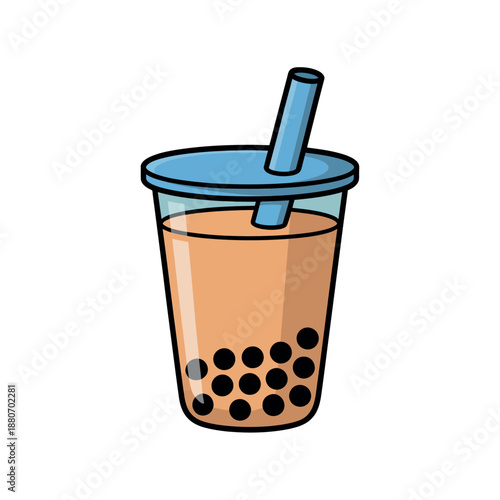 Colorful Cartoon Boba Tea Drink with Blue Lid and Straw Illustration