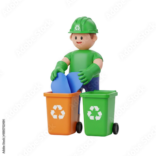 Recycling worker sorting waste bins isolated on transparent background