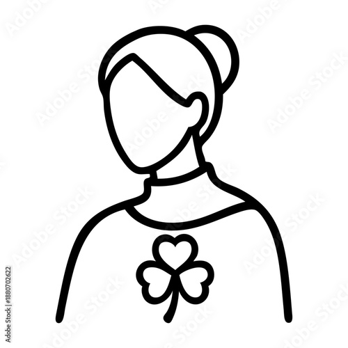 Día de San Patricio. Dibujo sencillo con líneas de mujer con trébol de 3 hojas en el pecho 