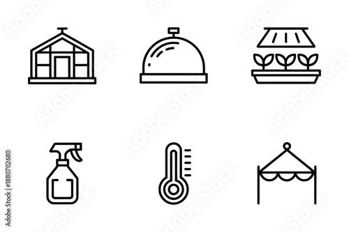 Gardening Tools and Greenhouse Equipment Linear Icon Set