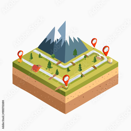 Isometric Map with Mountains and Winding Road.