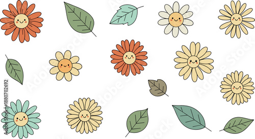Cute smiling flowers illustration set with pastel daisies and leaves, cheerful botanical elements collection for kids nursery decor, spring designs, and playful flat vector artwork
