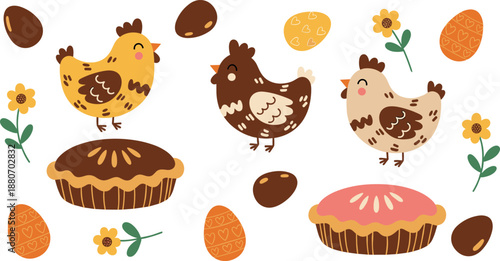 Cute Easter chickens illustration set with cupcakes decorated eggs and spring flowers, playful farm animal collection for kids nursery decor and seasonal flat vector designs