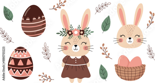 Cute Easter bunny illustration set with decorated eggs basket and spring leaves, adorable rabbit characters collection for kids nursery decor and seasonal flat vector designs