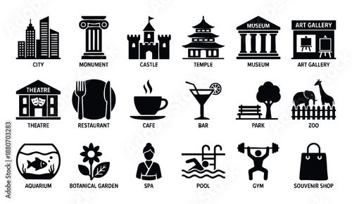 A versatile collection of minimalist black icons representing popular travel destinations, leisure activities, and essential urban services, perfect for use in maps, guides, and digital