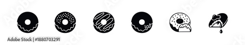 Delicious sweet donut icons with various frosting and sprinkle designs perfect for bakery menus dessert shop branding or snack food advertising