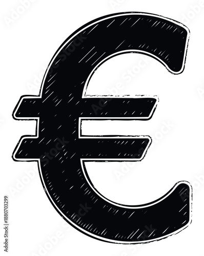Black handdrawn euro currency symbol with a textured distressed effect suitable for financial graphics, economic reports, pricing indicators, or global commerce presentations.
