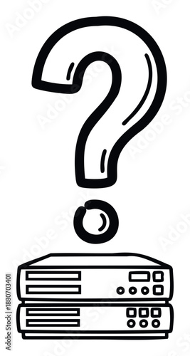 Hand drawn question mark symbol above stacked server hardware devices representing technical issues or unresolved problems perfect for illustrating IT support or system troubleshooting