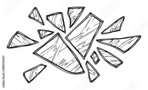 Hand drawn sketch of shattered glass pieces representing breakage or fragmentation suitable for abstract visual concepts and graphic overlays.