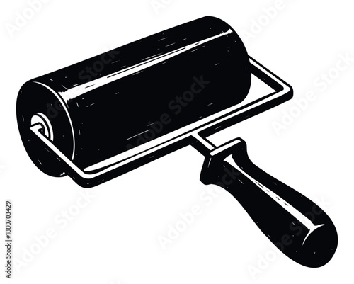 Black and white handheld roller tool used for printing, painting, or applying adhesive, providing an essential graphic for DIY projects, workshops, or stationery applications.