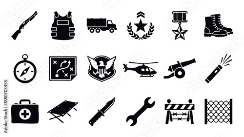 Military and tactical survival equipment symbols for defense, outdoor activities, and security operations, suitable for graphic resource applications like web design or presentations