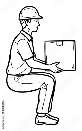 Dedicated delivery worker in a safety hard hat carefully squatting to handle a cardboard box, useful for conveying safe package handling in shipping advertisements and workplace safety