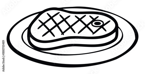 A simple graphic depiction of a cooked steak on a round plate with distinctive grill marks, perfect for food menus, restaurant signage, culinary blog graphics, or recipe book illustrations.