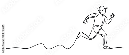 Dynamic continuous line drawing of an active person running with a cap, perfect for sports motivation, health promotion, or fitness related branding materials and communication