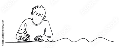 Minimalist one line illustration of a person engaged in writing or sketching in a notebook with a pen, ideal for use in academic resources, marketing campaigns, or personal development