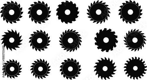 Set of black circular saw blade silhouettes isolated on white background, industrial cutting tool icons in various tooth designs for woodworking, metal cutting, manufacturing