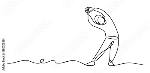 Continuous line drawing of a person stretching upward, representing physical activity and a healthy lifestyle, suitable for promoting wellness and fitness programs.