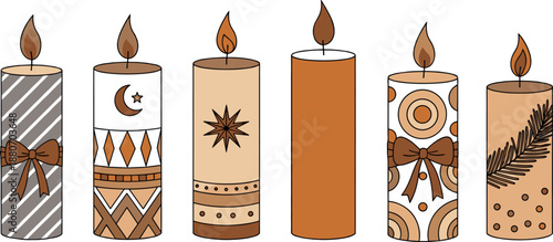 Decorative autumn candles illustration set with boho patterns and warm earthy tones, cozy home decor collection for fall, hygge, and seasonal flat vector designs