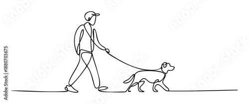 Minimalist continuous line drawing of a man walking his dog on a leash, perfect for simple graphic projects, pet services branding, or lifestyle web graphics.