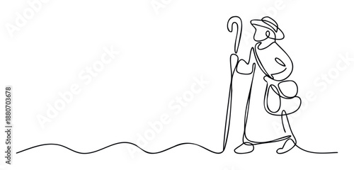 Minimalist continuous line drawing of a lone shepherd holding a staff walking across a wavy path, ideal for spiritual guidance and journey themed publications and educational materials.