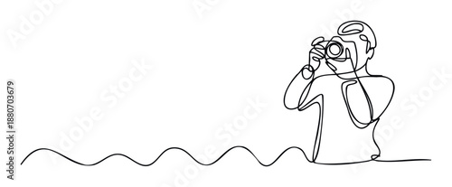 Continuous line drawing of a photographer capturing a moment with a camera, perfect for modern visual projects, storytelling, or creative branding and communication